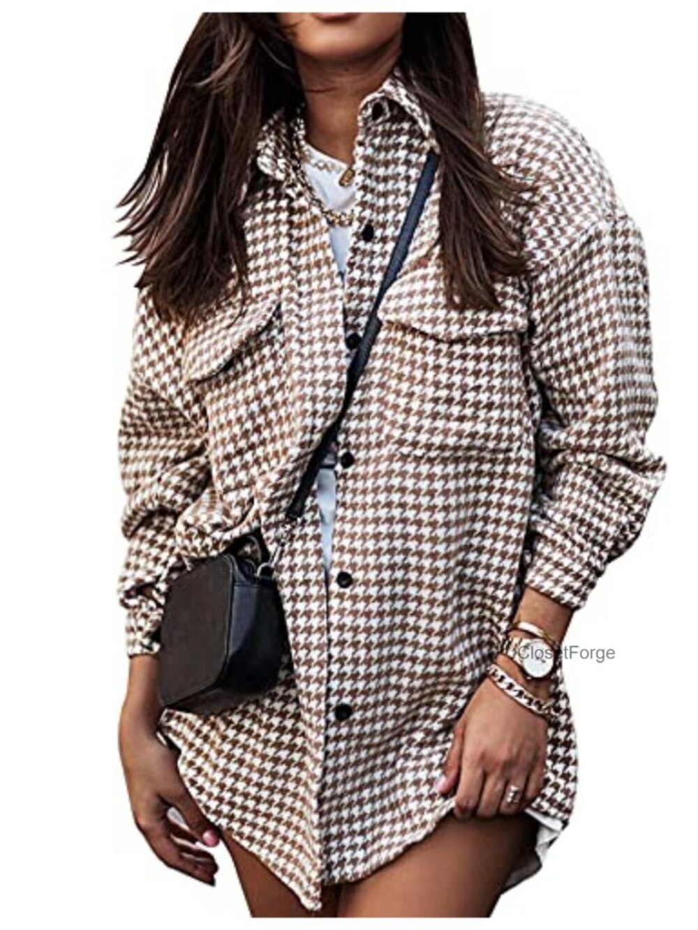 Flannel Houndstooth Shacket Button Down Casual Fall Coat